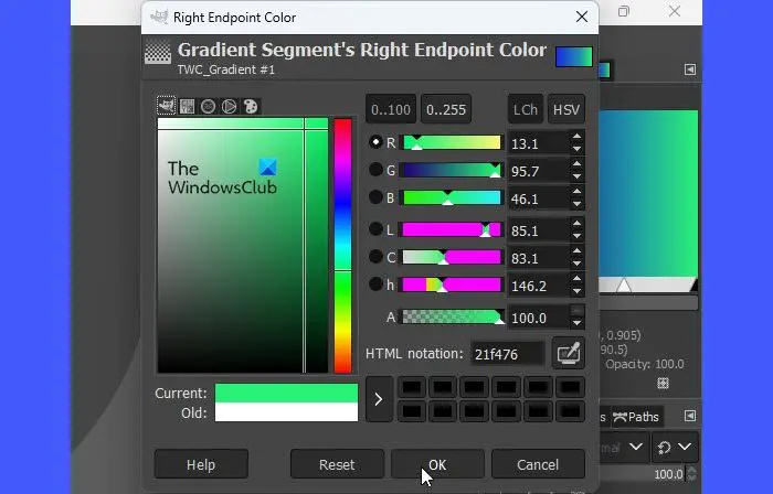   Alegerea unei noi culori pentru punctul final din dreapta al hărții cu gradient