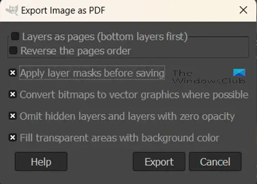   Como exportar um PDF do GIMP - Exportar imagem como opções de PDF