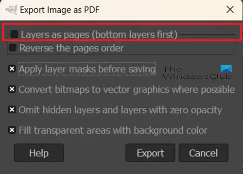   GIMP இலிருந்து PDFஐ ஏற்றுமதி செய்வது எப்படி - படத்தை PDF விருப்பங்களாக ஏற்றுமதி செய்யுங்கள் - பல அடுக்குகள்