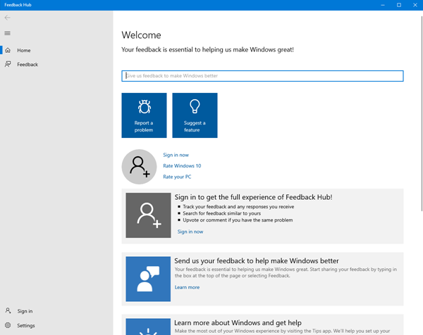 Geri Bildirim Merkezi uygulaması - Windows 10