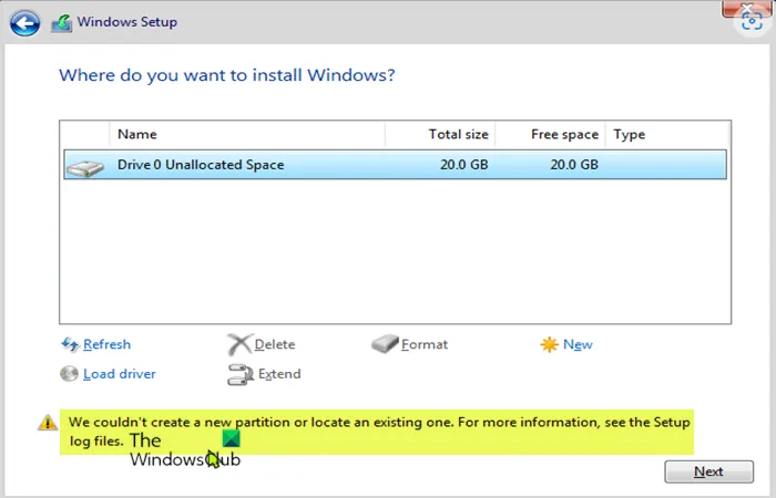 Windows सेटअप एक नया विभाजन नहीं बना सका या किसी मौजूदा का पता नहीं लगा सका