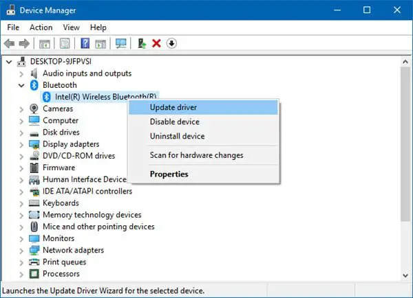   atnaujinti „Bluetooth“ tvarkykles „Windows 10“.