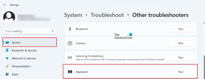   Kör felsökare för tangentbord Windows 11