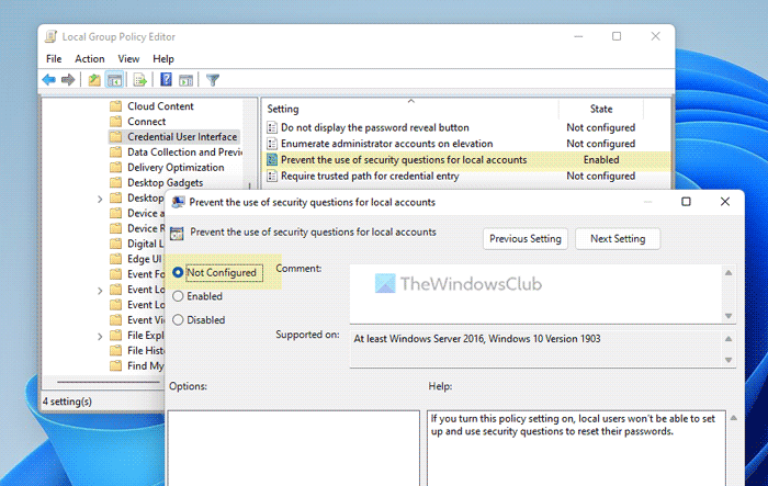   Parandage, et Windows 11/10 kohaliku konto turvaküsimusi ei saa seada