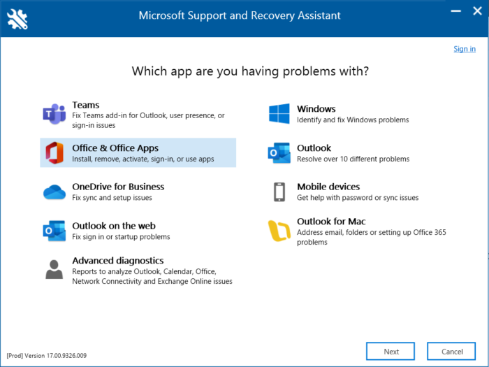עוזר תמיכה ושחזור של Microsoft