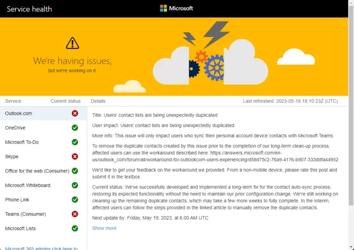   „Microsoft“ serveriai ir paskyros būsena