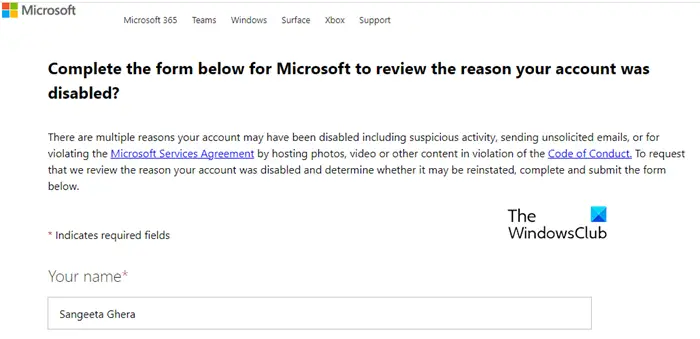   Microsoftu's online contact form