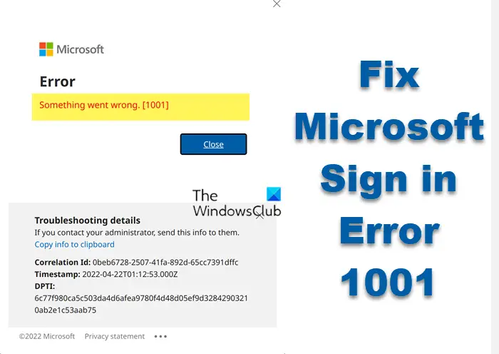 Kesalahan masuk Microsoft 1001, ada yang tidak beres