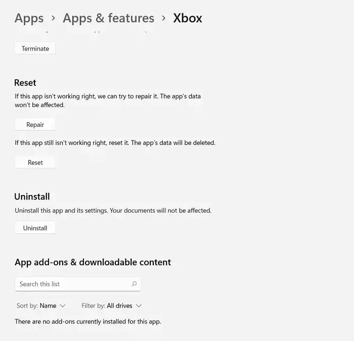   Xbox 앱 재설정