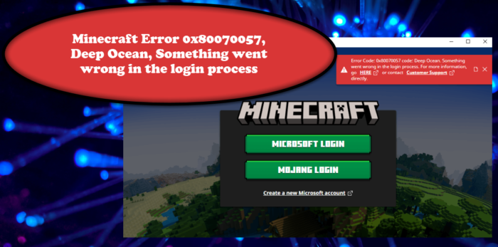 Minecraft Error 0x80070057, Deep Ocean, Něco se pokazilo v procesu přihlášení