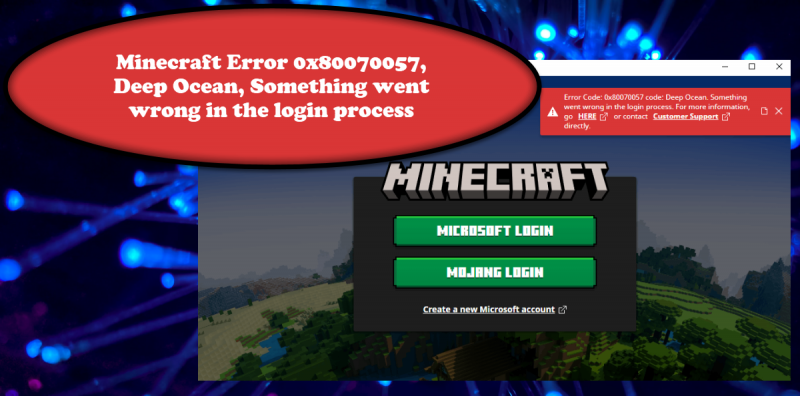 Minecraft error 0x80070057, Deep Ocean، لاگ ان کے عمل کے دوران کچھ غلط ہو گیا