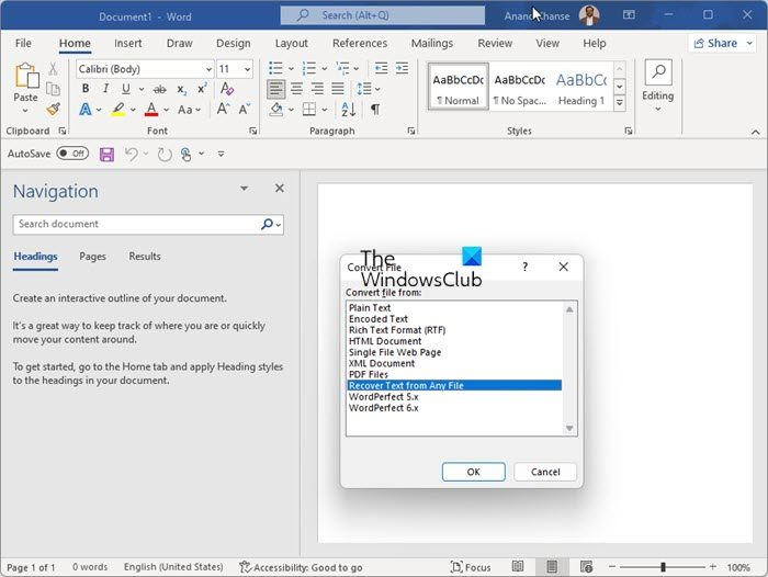 Obnovte soubor programu Poznámkový blok pomocí aplikace Microsoft Word