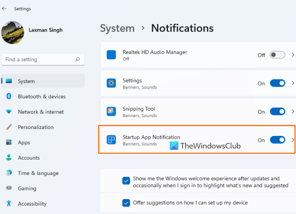 Fonction de notification des applications de démarrage dans Windows 11