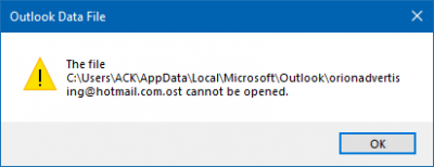 फ़ाइल को Outlook - Outlook डेटा फ़ाइल में संदेश नहीं खोला जा सकता है