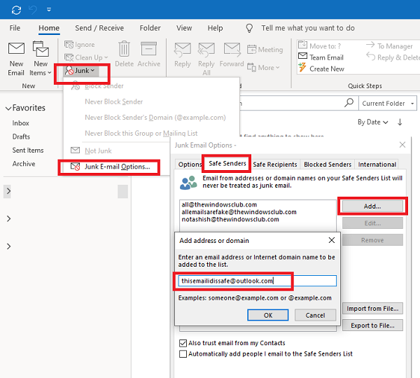 Ajouter un e-mail à la liste des expéditeurs sécurisés Outlook