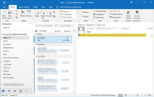 Outlook ha bloquejat l'accés als següents fitxers adjunts potencialment insegurs