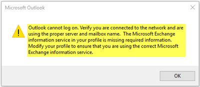 Outlook tidak boleh log masuk, pastikan anda berada dalam talian