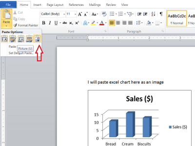 ievietojiet Excel diagrammu Word dokumentā