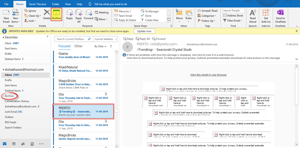 Sähköpostien arkistointi ja arkistoitujen sähköpostien noutaminen Outlookissa