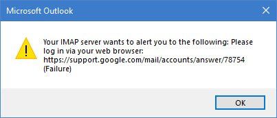 Outlook कहता है कि कृपया Gmail तक पहुँचने के लिए अपने वेब ब्राउज़र के माध्यम से लॉग इन करें