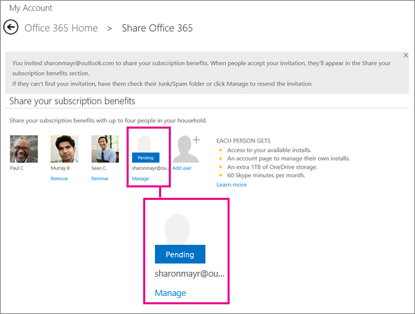 Office 365 Home सदस्यता के लाभों को साझा करें