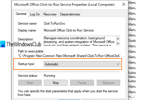 Microsoft Office सेवा को स्वचालित रूप से प्रारंभ करने के लिए सेट करें