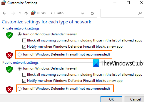 dezactivați firewall-ul Windows