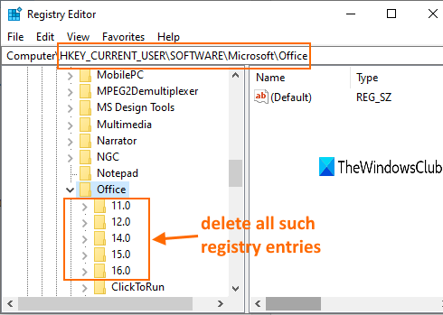 odstranit klíče registru v klíči registru Office