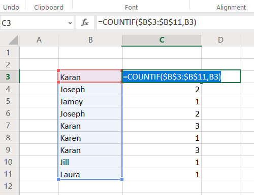 Cara mengira nilai pendua dalam lajur dalam Excel