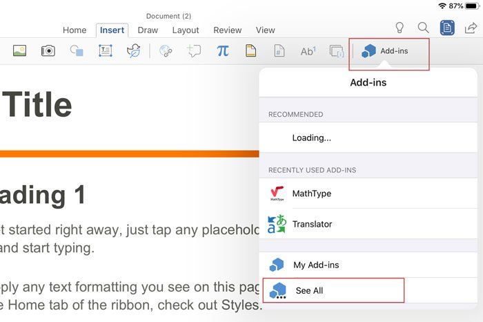Lisandmoodulite installimine ja kasutamine rakendustes Microsoft Word ja Excel for iPad