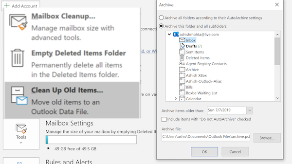 Archivujte staré položky do různých souborů Outlook PST Chyba odesílání/přijímání 0x8004060c