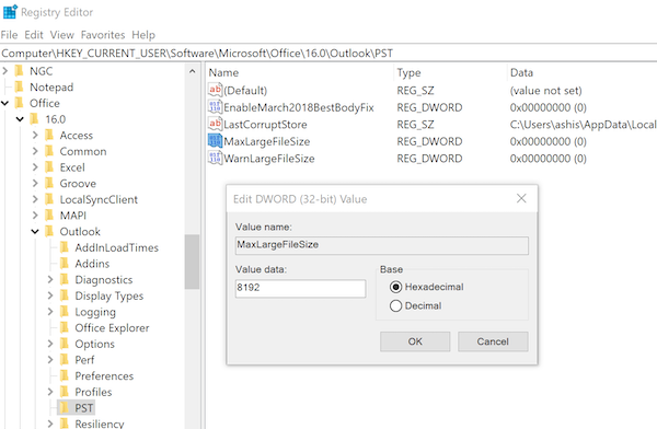 Cambiar el límite de tamaño del archivo PST de Outlook