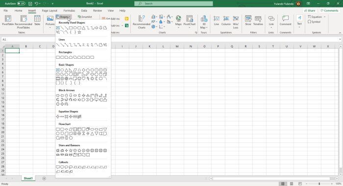 Microsoft Office Excel şekil seçeneklerinin açılır listesi
