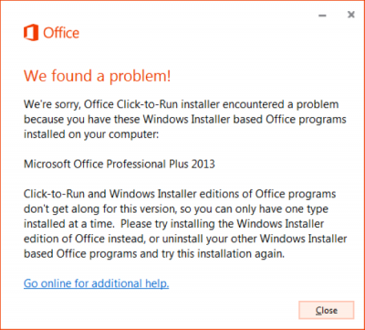 Problème du programme d'installation en un clic et MSI d'Office sous Windows 10
