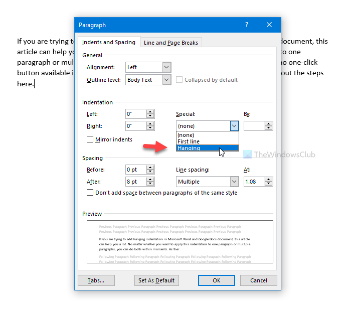 Kuinka lisätä riippuva sisennys Microsoft Wordiin ja Google-dokumentteihin