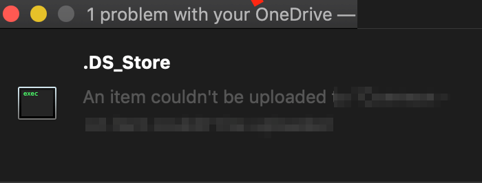 OneDrive berhenti menyegerakkan; Memaparkan ralat penyegerakan .ds_store - Tidak dapat memuat naik fail, Melihat masalah penyegerakan