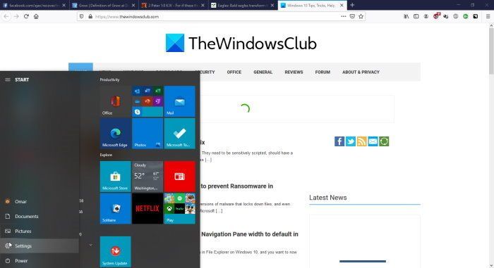 Windows 10 stardimenüü