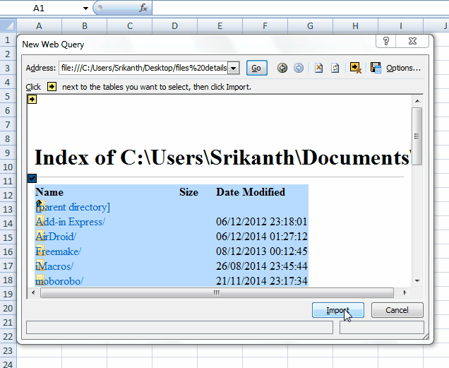 importer des informations de fichiers et de dossiers vers Excel