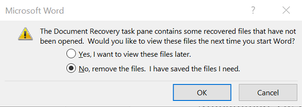 दस्तावेज़ पुनर्प्राप्ति कार्य फलक में कुछ पुनर्प्राप्त फ़ाइलें हैं जिन्हें खोला नहीं गया है