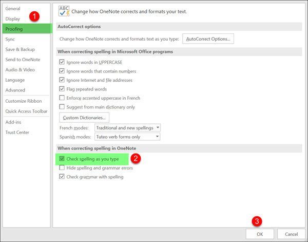 A helyesírás-ellenőrzés letiltása a OneNote-ban a Windows 10 rendszerben