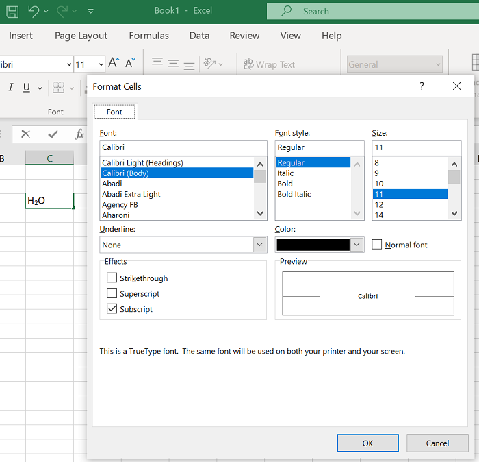 Ylä- tai alaindeksin lisääminen Microsoft Exceliin
