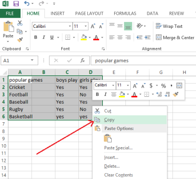 Copie de la liste Excel Transppose