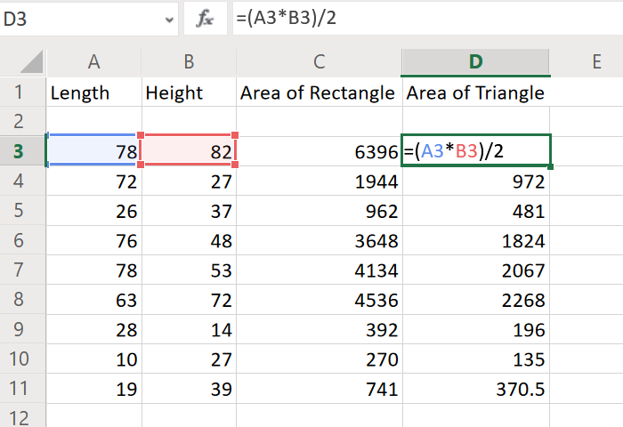 Calcular el área del triángulo en Excel