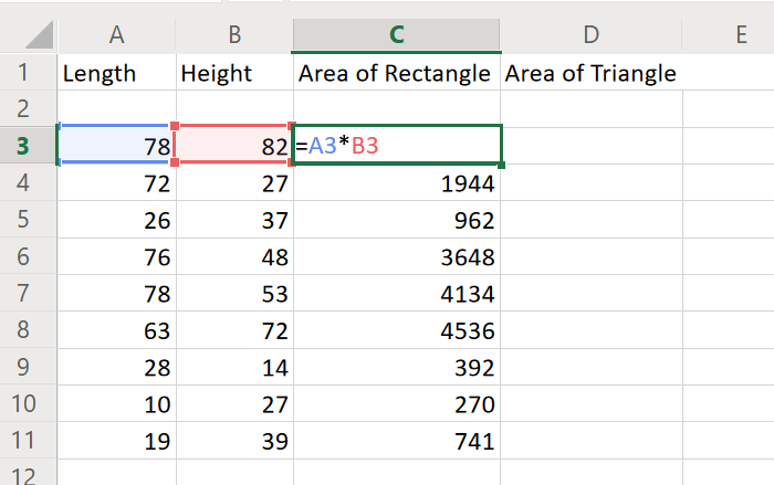 Calcular áreas de rectángulo, triángulo y círculo en Excel