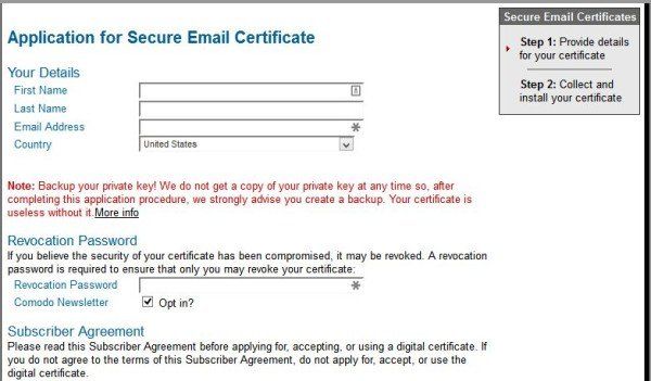 Joonis 3 - tasuta digitaalse e-posti sertifikaadi taotlus