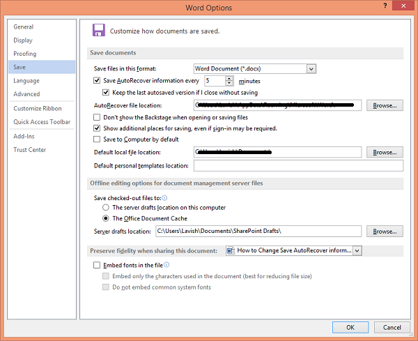 Automaatse salvestamise ja automaatse taastamise aja muutmine Microsoft Office Wordis