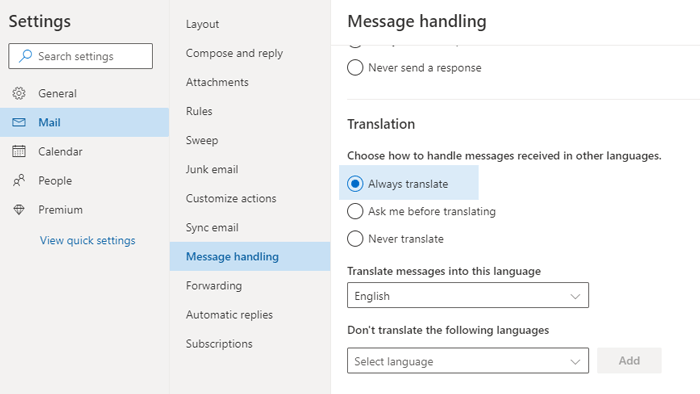 Kuinka kääntää sähköpostit automaattisesti Outlook.comissa