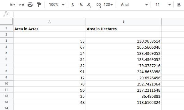 تحويل الخلايا بين فدان إلى هكتار في Excel