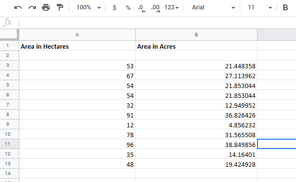 Převeďte buňky mezi hektary na akry v aplikaci Excel