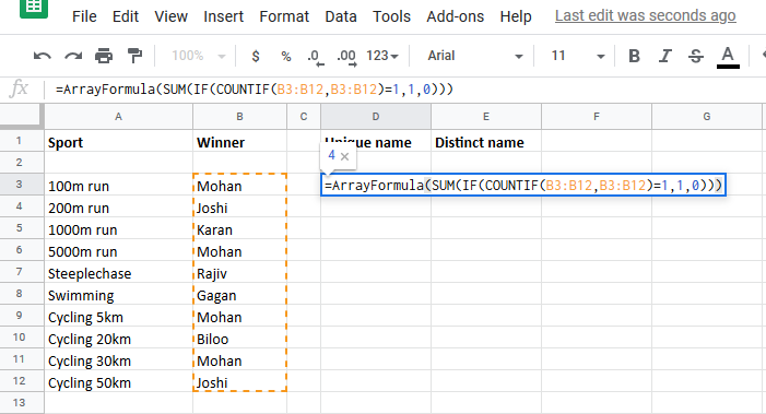 Compteu el nombre de valors únics de la llista de columnes mitjançant la fórmula matricial